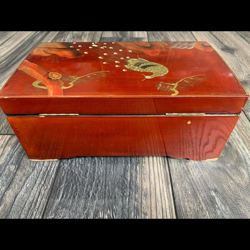 Vintage Musical Jewelry Box Hand Painted Peacock